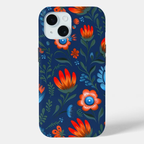 Polish Folk Flowers Wycinanki Blue iPhone 15 Case