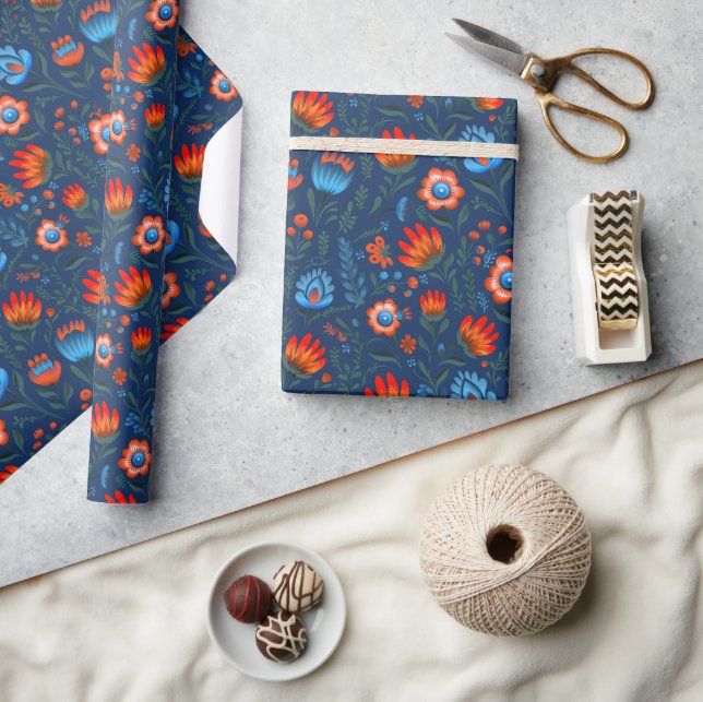 Polish Folk Flowers Wycinanki Blue Wrapping Paper (Crafts)