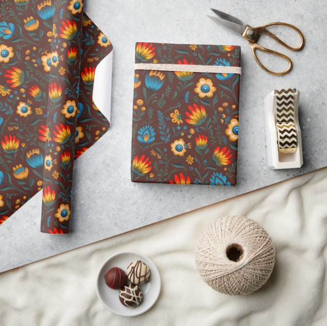 Polish Folk Flowers Wycinanki Brown Wrapping Paper (Crafts)