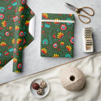 Polish Folk Flowers Wycinanki Green Wrapping Paper