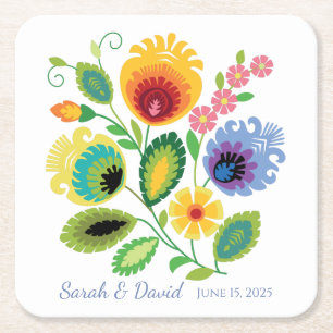 Polish Folk Flowers Yellow Wedding Square Paper Coaster