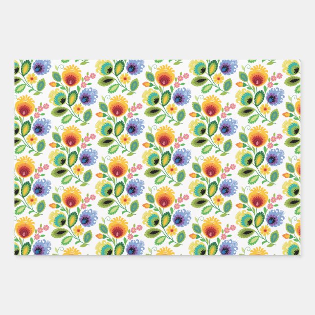 Polish Folk Flowers Yellow Wrapping Paper Sheets (Front)
