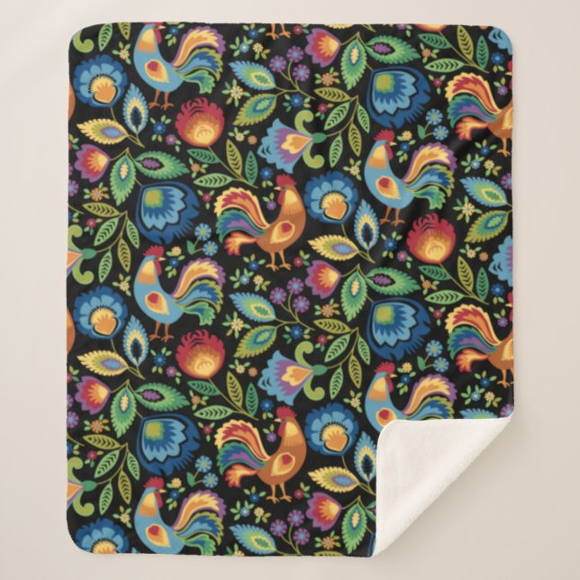 Polish Folk Roosters Sherpa Blanket (Front)