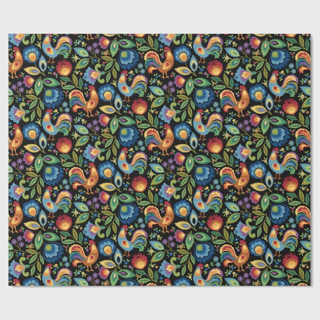 Polish Folk Roosters Wrapping Paper (Flat)