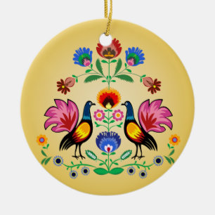 Polish Folk With Decorative Floral & Cockerels Ceramic Ornament