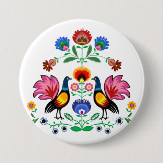 Polish Folk With Decorative Floral & Cockerels Pinback Button