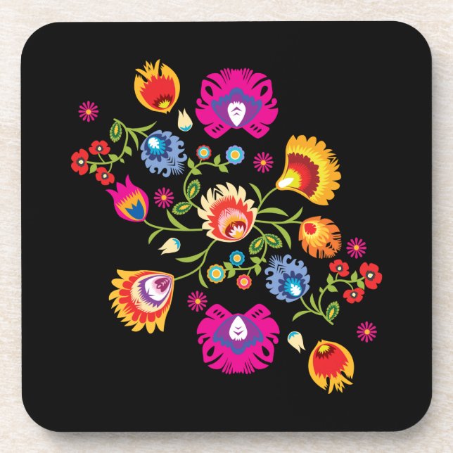 Polish folklore with pink flowers beverage coaster (Front)