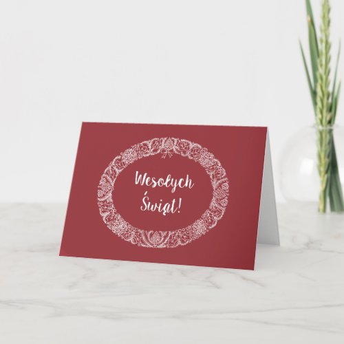 Polish Greeting Christmas Wreath White onDeep Red Holiday Card