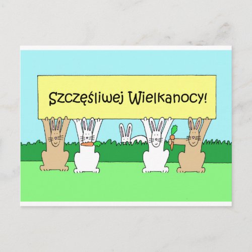 Polish Happy Easter Cartoon Bunnies Holiday Postcard