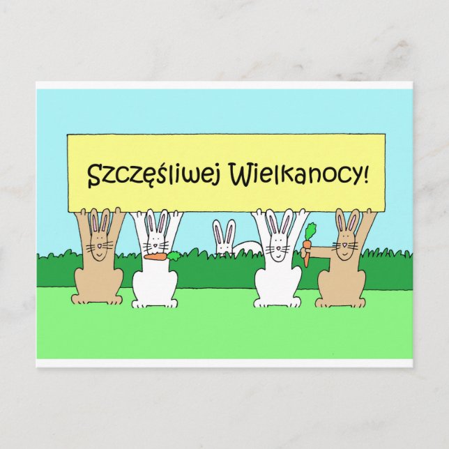 Polish Happy Easter Cartoon Bunnies Holiday Postcard (Front)
