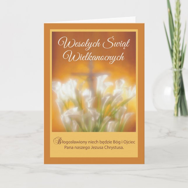 Polish Happy Easter Lilies with Cross Religious Holiday Card (Front)