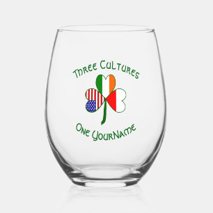 Polish Irish American Flags Shamrock Personalized  Stemless Wine Glass