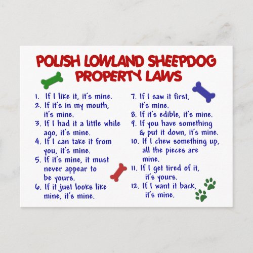 POLISH LOWLAND SHEEPDOG Property Laws 2 Postcard