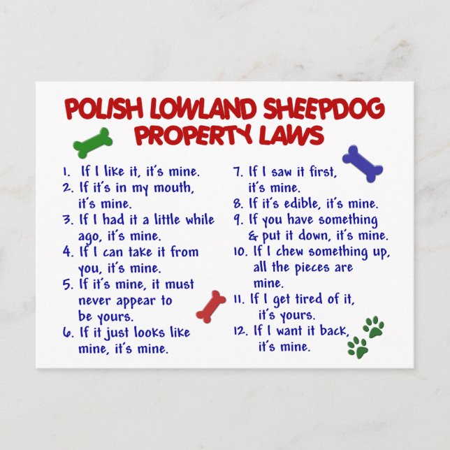 POLISH LOWLAND SHEEPDOG Property Laws 2 Postcard (Front)