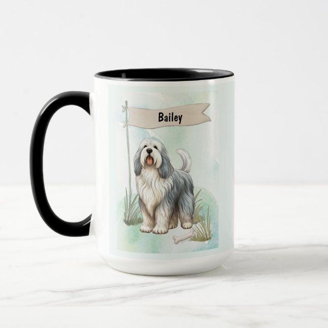 Polish Lowland Sheepdog Watercolor Personalize Dog Mug (Left)