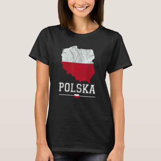Polish Map And Flag Souvenir Distressed Polska T-Shirt (Front)