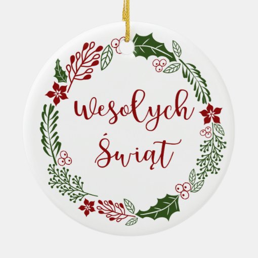 Polish Merry Christmas Wreath, Wesołych świąt Ceramic Ornament | Zazzle