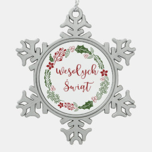 Polish Merry Christmas Wreath, Wesołych świąt Snowflake Pewter Christmas Ornament