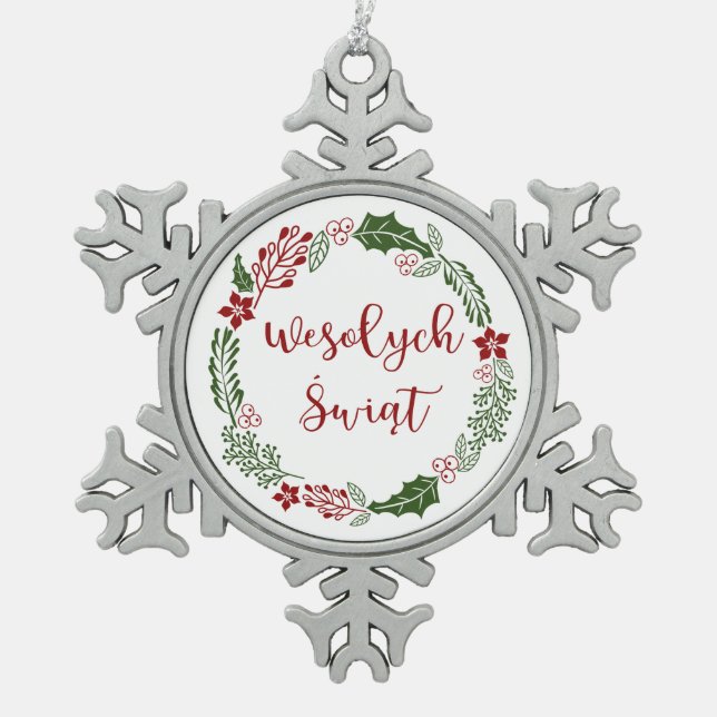 Polish Merry Christmas Wreath, Wesołych świąt Snowflake Pewter Christmas Ornament (Front)