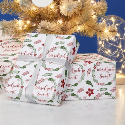Polish Merry Christmas Wreath Wesołych świąt Wrapping Paper