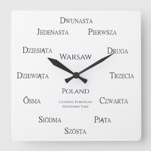 Polish Numbers Custom City Country Time Zone Square Wall Clock