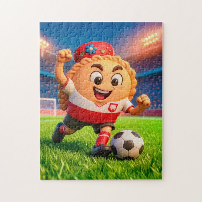 Polish pierogi soccer player on bright stadium fie jigsaw puzzle (Vertical)