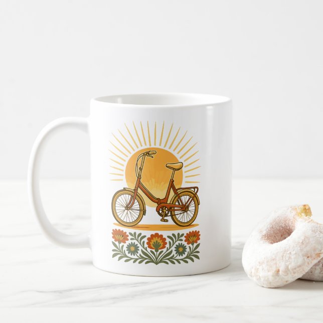 Polish Retro Bike Folk Sunset Coffee Mug (With Donut)