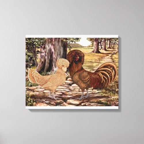 Polish Rooster and Hen in Wooded Setting Canvas Print
