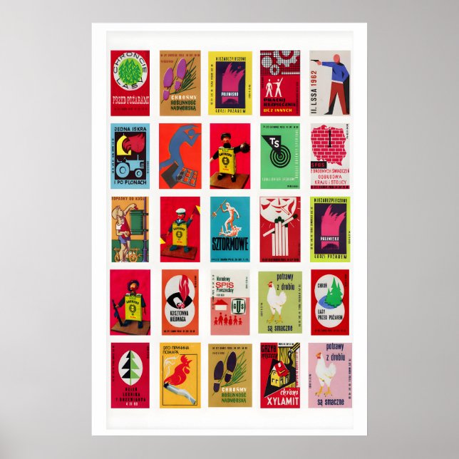 Polish Vintage matchbox label grid print, Polish Poster (Front)
