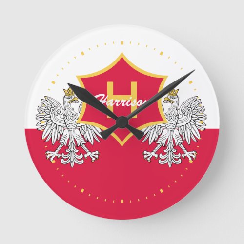 Polish White Eagle Crest Monogrammed Round Clock