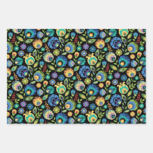 Polish Wycinanki Floral on Black Wrapping Paper Sheets