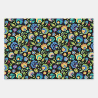 Polish Wycinanki Floral on Black Wrapping Paper Sheets