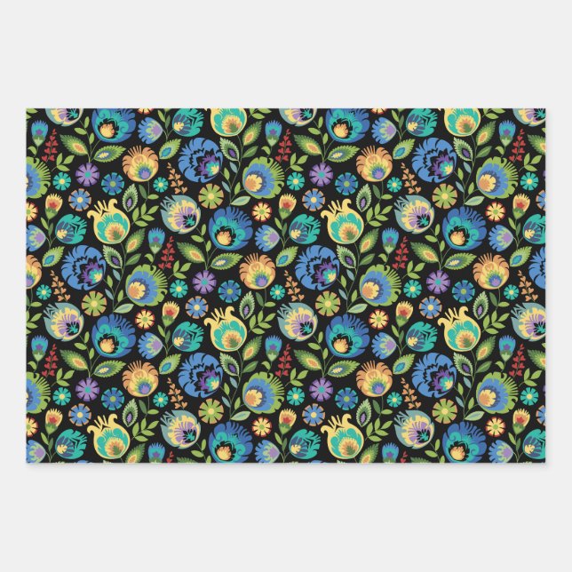 Polish Wycinanki Floral on Black Wrapping Paper Sheets (Front)