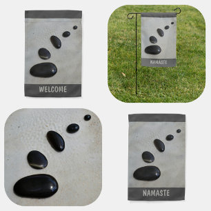 Polished Black Stones on Sand Zen Garden Gray Flag