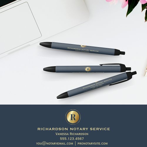  Polished Blue Classic Gold Monogram Promo Notary Black Ink Pen