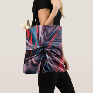 Polished burgundy curves overlapping crooked red tote bag