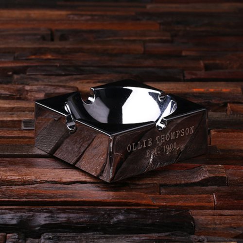 Polished Engraved Stainless Steel Cigar Ashtray
