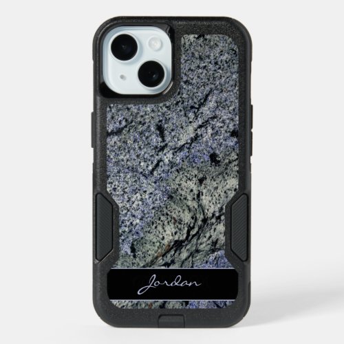 Polished Granite Blue Sage  Gray with Name iPhone 15 Case