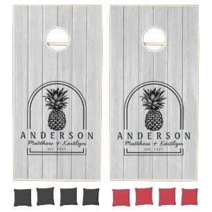 Polished Gray Wood Pineapple Wedding Arch & Name Cornhole Set