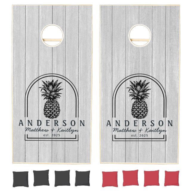 Polished Gray Wood Pineapple Wedding Arch & Name Cornhole Set (Set)