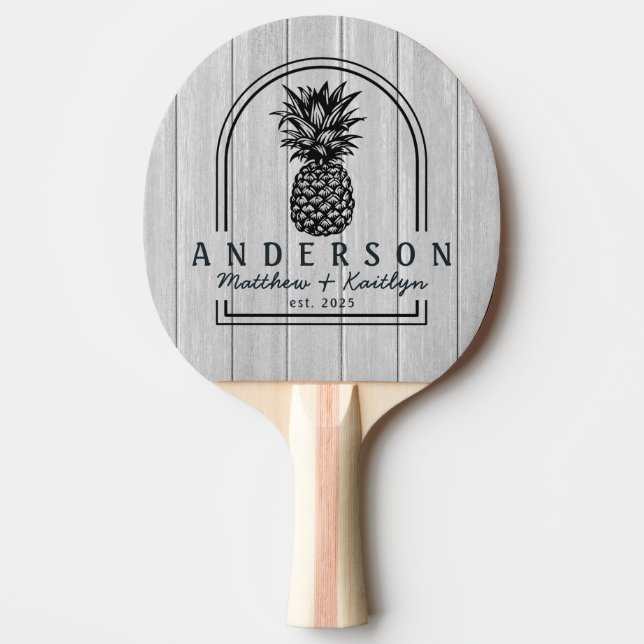 Polished Gray Wood Pineapple Wedding Arch & Name Ping Pong Paddle (Front)
