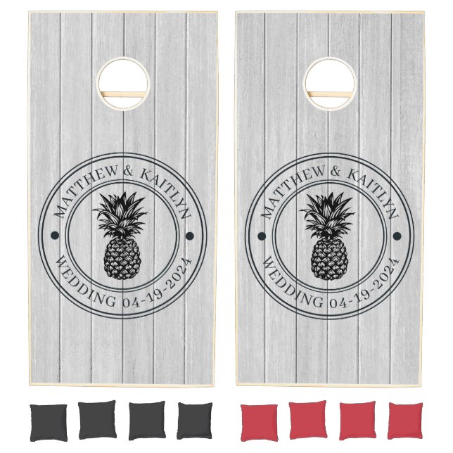 Polished Gray Wood Pineapple Wedding Crest & Names Cornhole Set (Set)