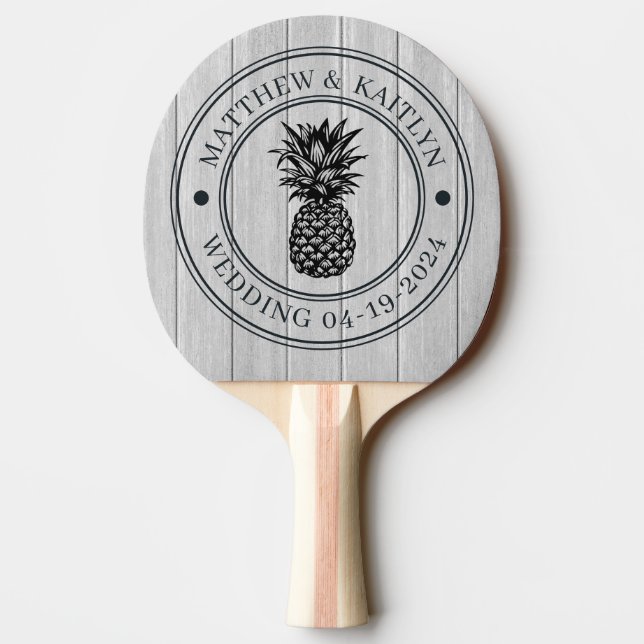 Polished Gray Wood Pineapple Wedding Crest & Names Ping Pong Paddle (Back)