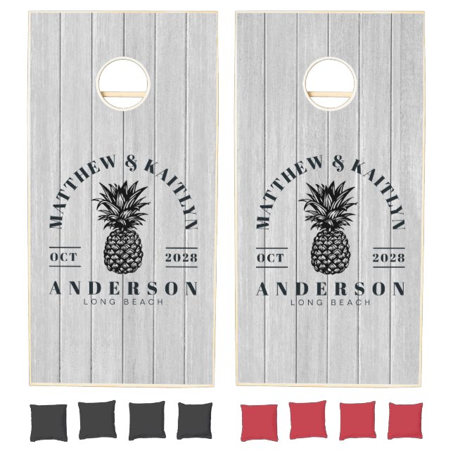Polished Gray Wood Tropical Pineapple WeddingCrest Cornhole Set (Set)