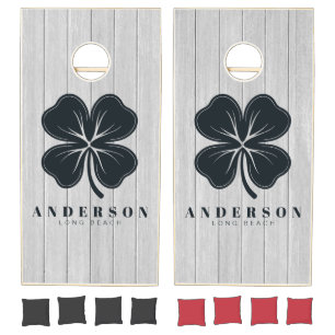 Polished Gray Wooden Four Leaf Clover with Name Cornhole Set