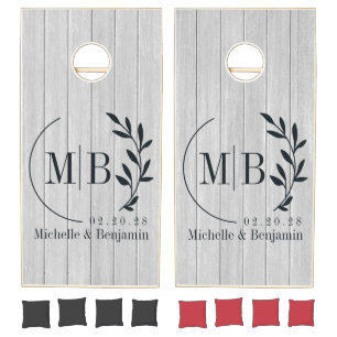 Polished Gray Wooden Leaf Wedding Monogram Cornhole Set