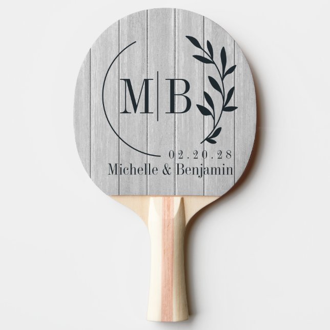 Polished Gray Wooden Leaf Wedding Monogram Ping Pong Paddle (Back)