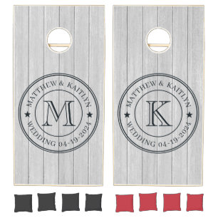 Polished Gray Wooden Wedding Monogram Star Cornhole Set