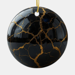 Polished Obsidian Sphere with Veins of Molten Gold Ceramic Ornament