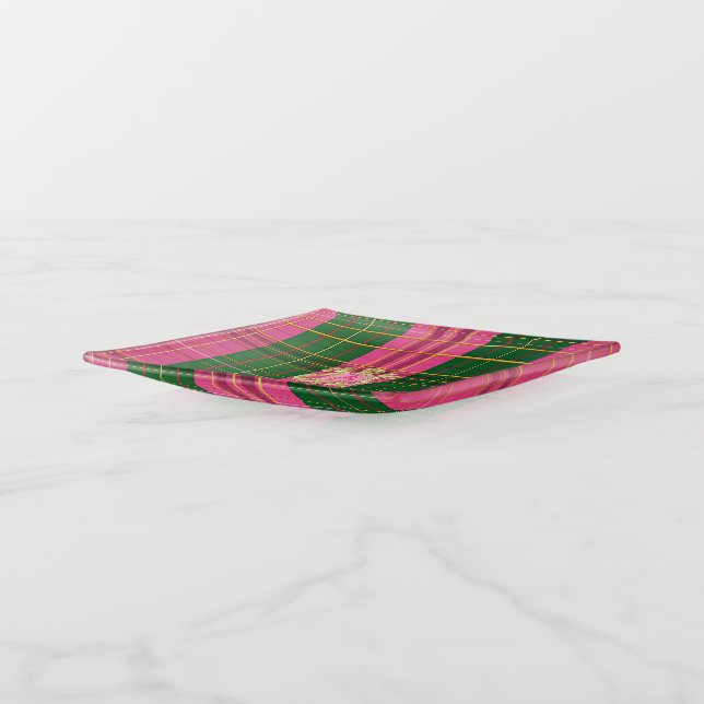 Polished Pink & Green Plaid Monogram Trinket Tray  (Angled)